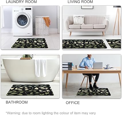 Black Green Leaf Cushioned Anti Fatigue Mats for Kitchen Floor Plant Leaf Foam Black Comfort Standing Non Skid Washable for Sink,17.3" x28" + 17.3" x 47"