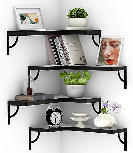 Set of 4, Corner Wood Display Storage Wall Mounted Floating Shelves