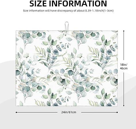 Dish Drying Mat Microfiber for Kitchen Counter Blue and Green Leaves Absorbent Dish Draining Reusable Washable Extra Large 18"x24"