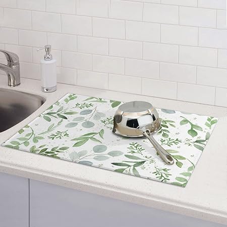 Dish Drying Mat Microfiber for Kitchen Counter Blue and Green Leaves Absorbent Dish Draining Reusable Washable Extra Large 18"x24"