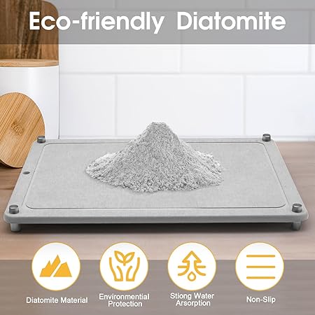 Fast Drying Stone Dish Drying Mats for Kitchen Counter, Diatomaceous Earth Water Absorbing Dish Drying Mats for Bottles Cups, Non-Slip Sink Caddy Tray with Stainless Steel for Kitchen Bathroom (Grey)