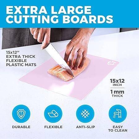 Extra Thick Pastel Flexible Plastic Cutting Board Mats with Food Icons & EZ-Grip Waffle Back, (Set of 6) Dishwasher Safe