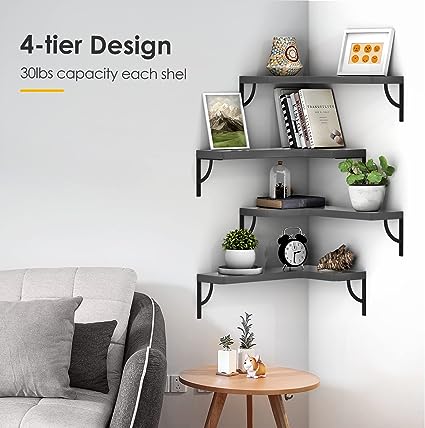 Set of 4, Corner Wood Display Storage Wall Mounted Floating Shelves