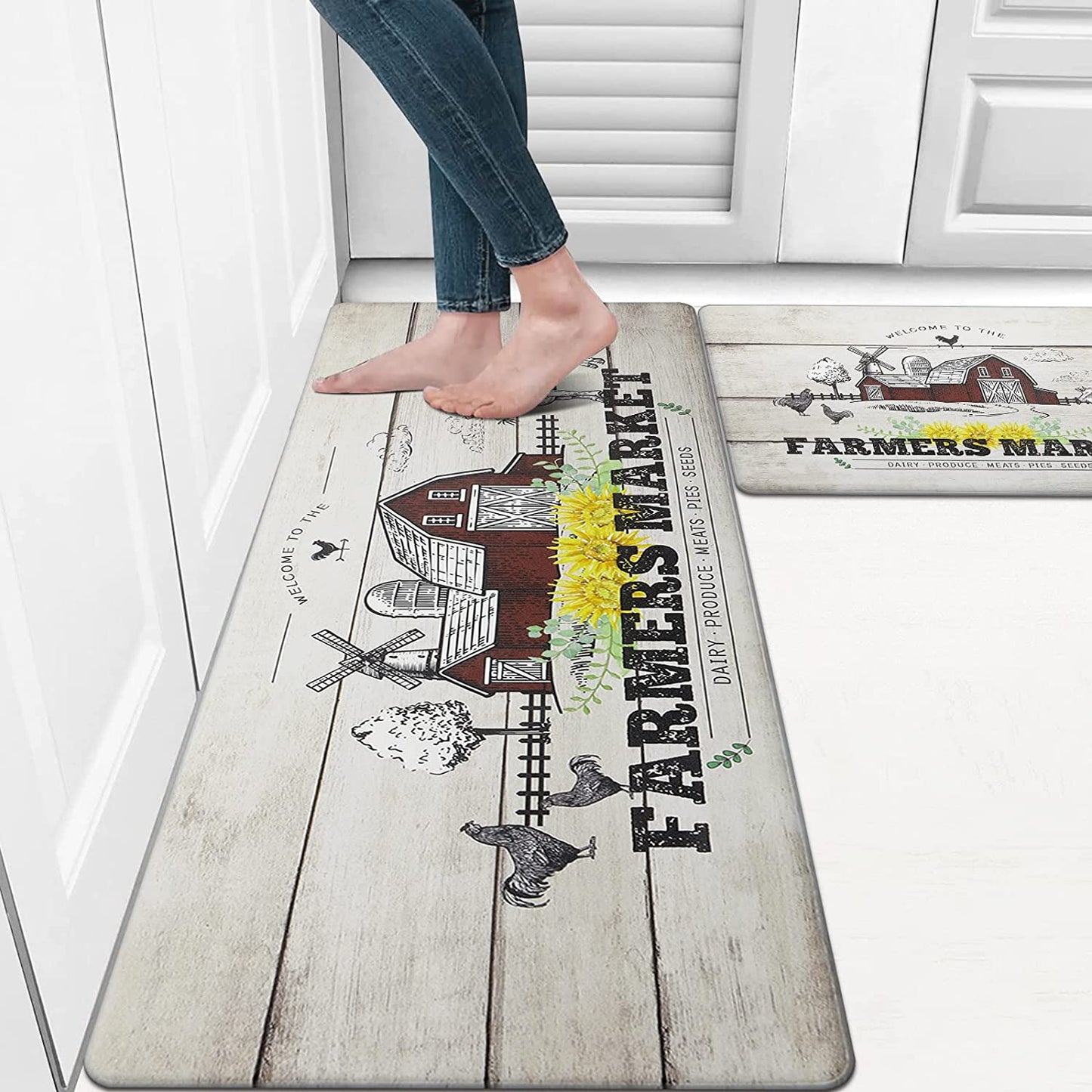 Anti Fatigue Set of 2 Waterproof Non Slip Farmhouse Cushioned Kitchen Mats Set