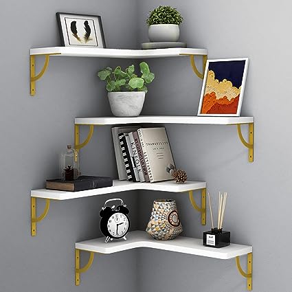 Set of 4, Corner Wood Display Storage Wall Mounted Floating Shelves