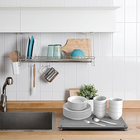 Fast Drying Stone Dish Drying Mats for Kitchen Counter, Diatomaceous Earth Water Absorbing Dish Drying Mats for Bottles Cups, Non-Slip Sink Caddy Tray with Stainless Steel for Kitchen Bathroom (Grey)