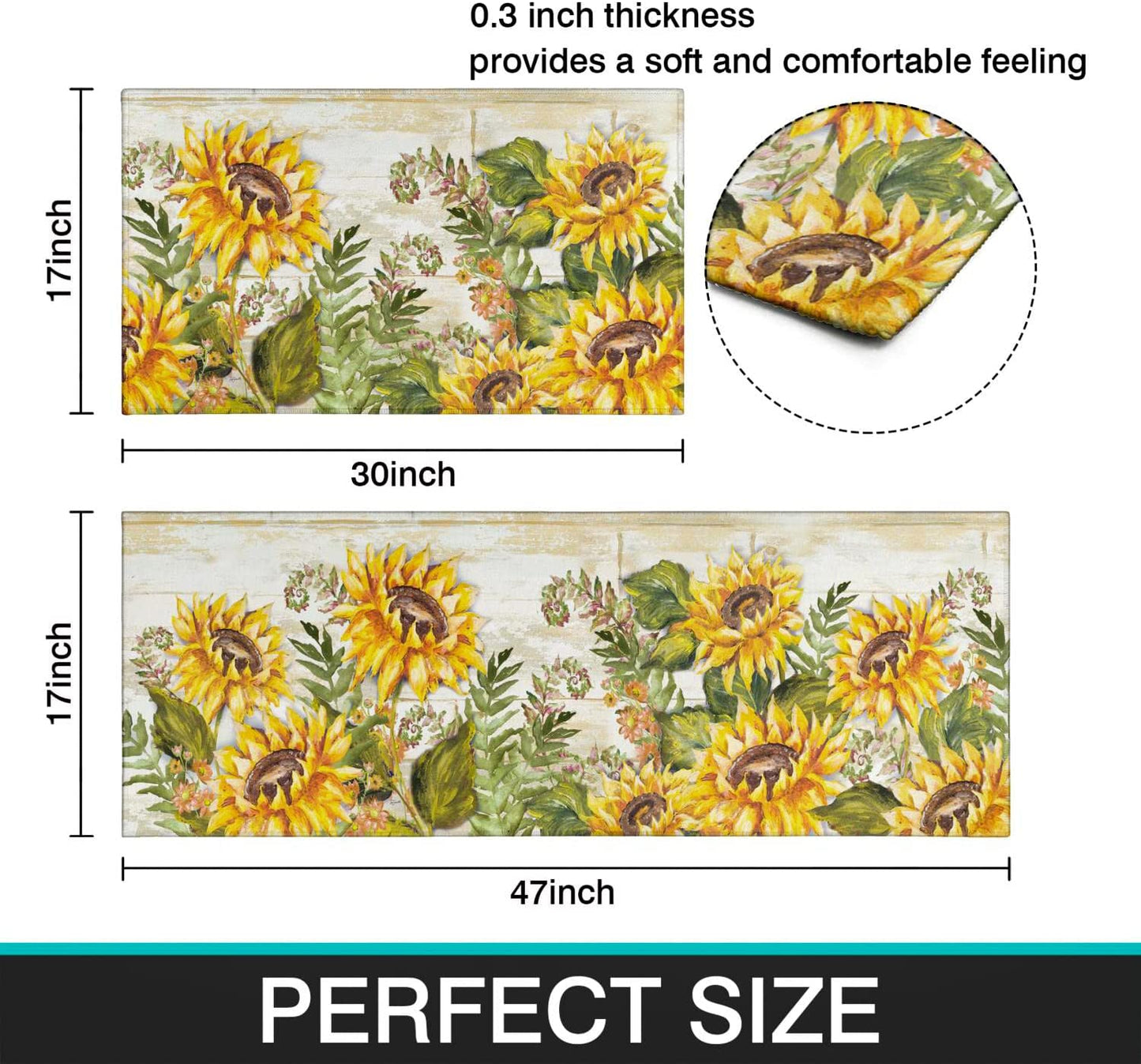Vintage Mushroom Set of 2, Non Skid Washable Kitchen Mat - (17"x48"+17"x30")