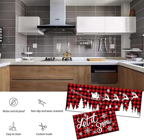 Set of 2, Let It Snow Santa Xmas Decor Red Buffalo Plaid Kitchen Mats, 17x29 and 17x47 Inch