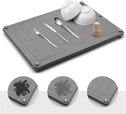 Fast Drying Stone Dish Drying Mats for Kitchen Counter, Diatomaceous Earth Water Absorbing Dish Drying Mats for Bottles Cups, Non-Slip Sink Caddy Tray with Stainless Steel for Kitchen Bathroom (Grey)