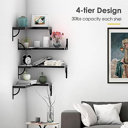 Set of 4, Corner Wood Display Storage Wall Mounted Floating Shelves
