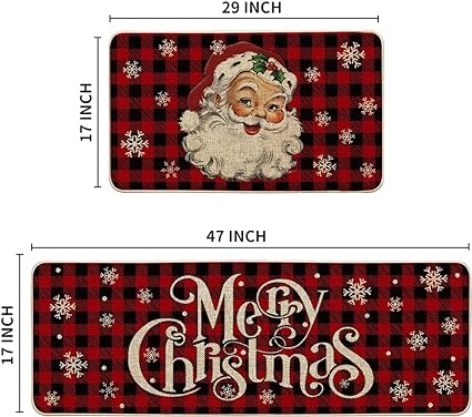 Buffalo Plaid Snow Santa Claus Christmas Kitchen Rugs Set of 2, Winter Low-Profile Floor Mat Merry Christmas Decorations for Home Kitchen - 17x29 and 17x47 Inch