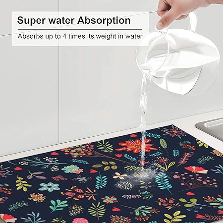 Dish Drying Mat Microfiber for Kitchen Counter Blue and Green Leaves Absorbent Dish Draining Reusable Washable Extra Large 18"x24"