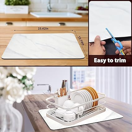 Dish Drying Mat for Kitchen Counter, 24"x16" Super Absorbent Hide Stain Dish Drying Pad with Non-slip Rubber Backed, Quick Drying Mat for Coffee Machine Dish Rack(Whtie Marble)