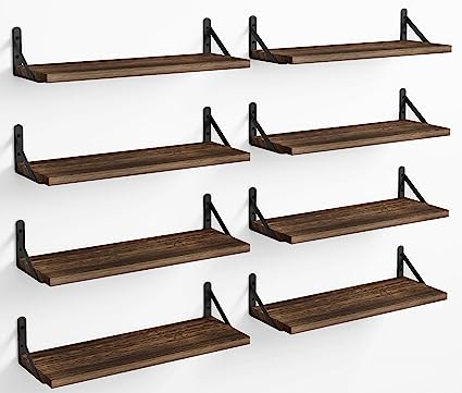 4.7in Rustic Wood Wall Floating Shelves Set of 8 (Dark Carbonized Black)