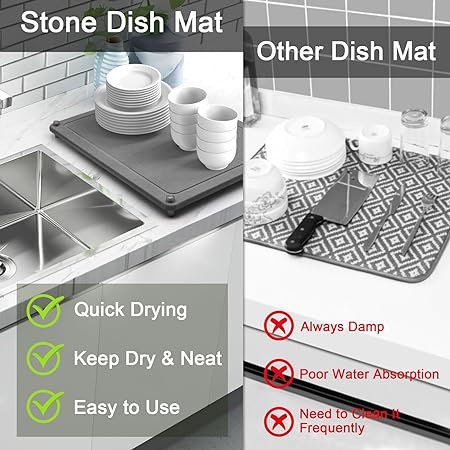 Fast Drying Stone Dish Drying Mats for Kitchen Counter, Diatomaceous Earth Water Absorbing Dish Drying Mats for Bottles Cups, Non-Slip Sink Caddy Tray with Stainless Steel for Kitchen Bathroom (Grey)