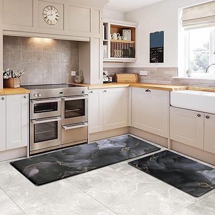 2 PCS Black Marble Waterproof Leather Runner Rug Non Slip Cushioned Standing Mat for Sink Laundry 17.3''x30''+17.3''x47''