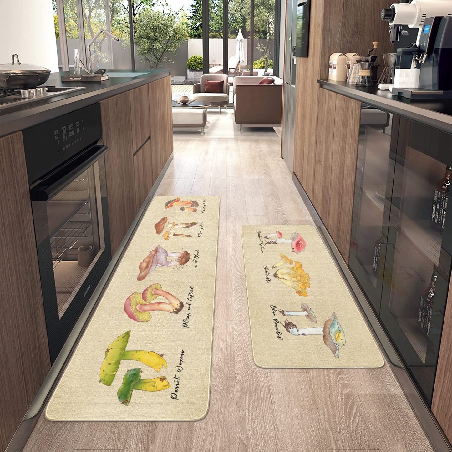 Vintage Mushroom Set of 2, Non Skid Washable Kitchen Mat - (17"x48"+17"x30")