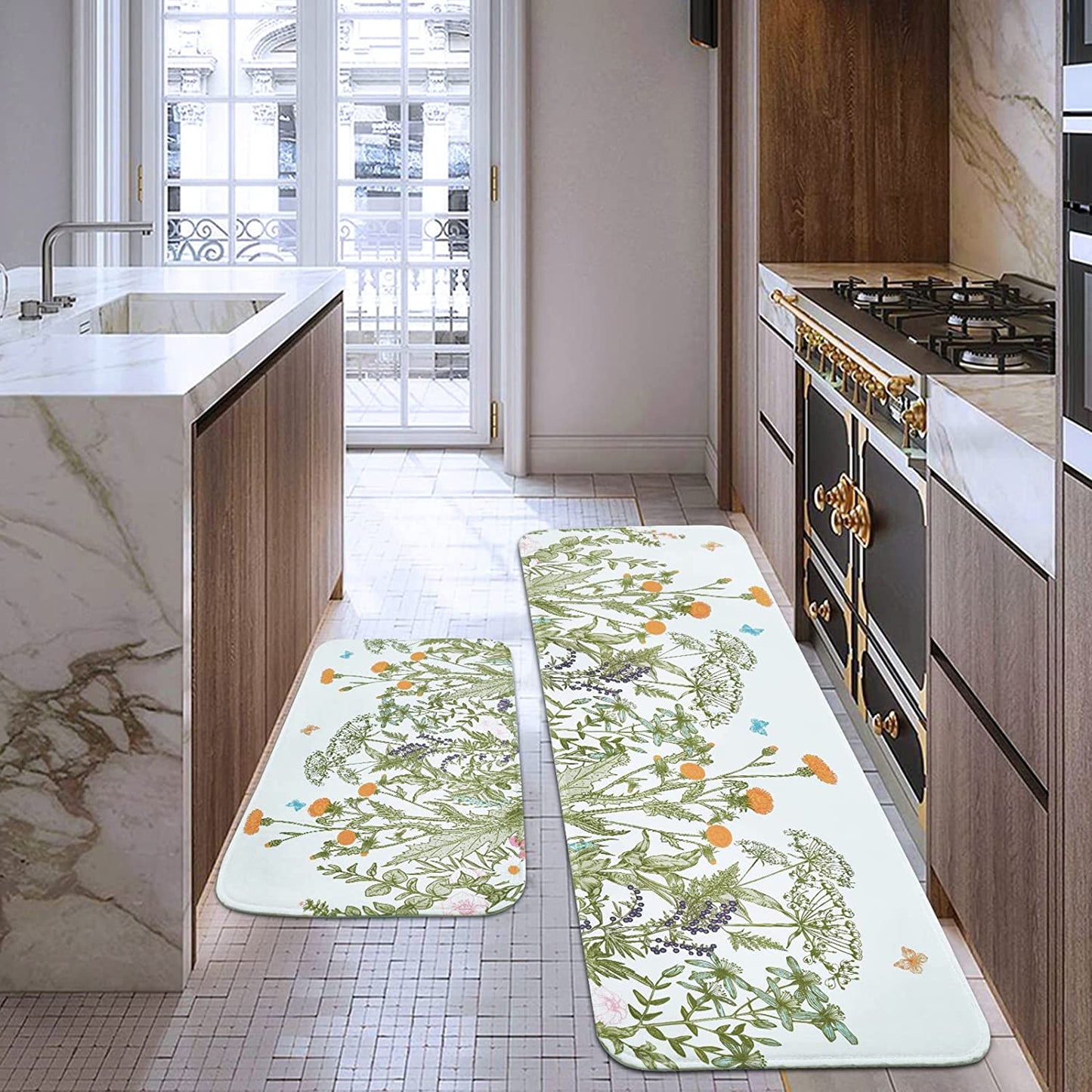 2 PCS Cushioned Floral, Flowers Anti Fatigue Kitchen Rugs - 18'' x 48'' + 18'' x 30''