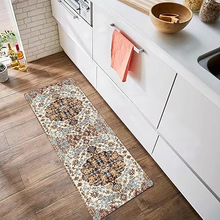 2 PCS Black and White Buffalo Plaid Cushioned Kitchen Rugs, 17"X48"+17"X24"