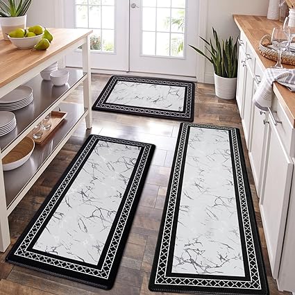 Anti-Fatigue Black and White Modern Non Slip Washable, Cushioned Kitchen Mats, 18 x 30 Inch