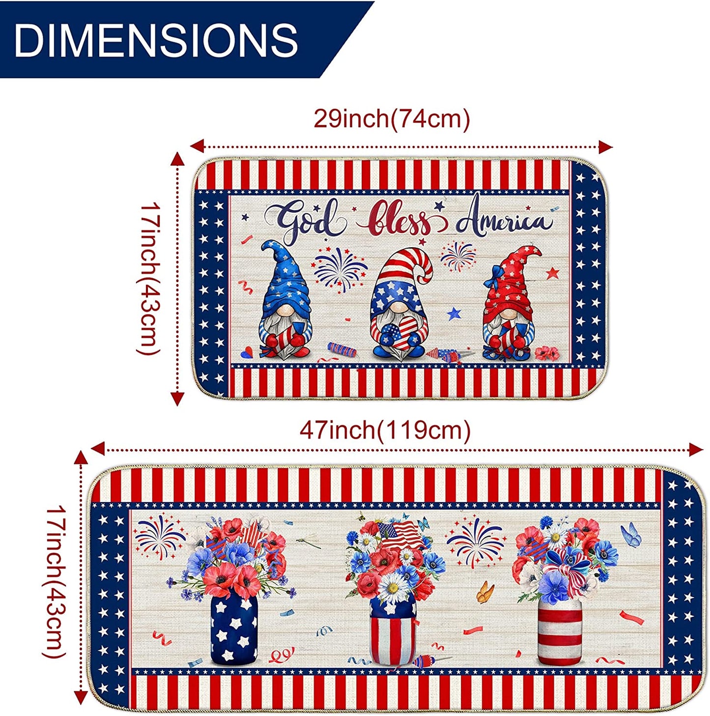 Set of 2 Piece Fourth of July Gnomes Stars Stripes Independence Day Floral Kitchen Mats