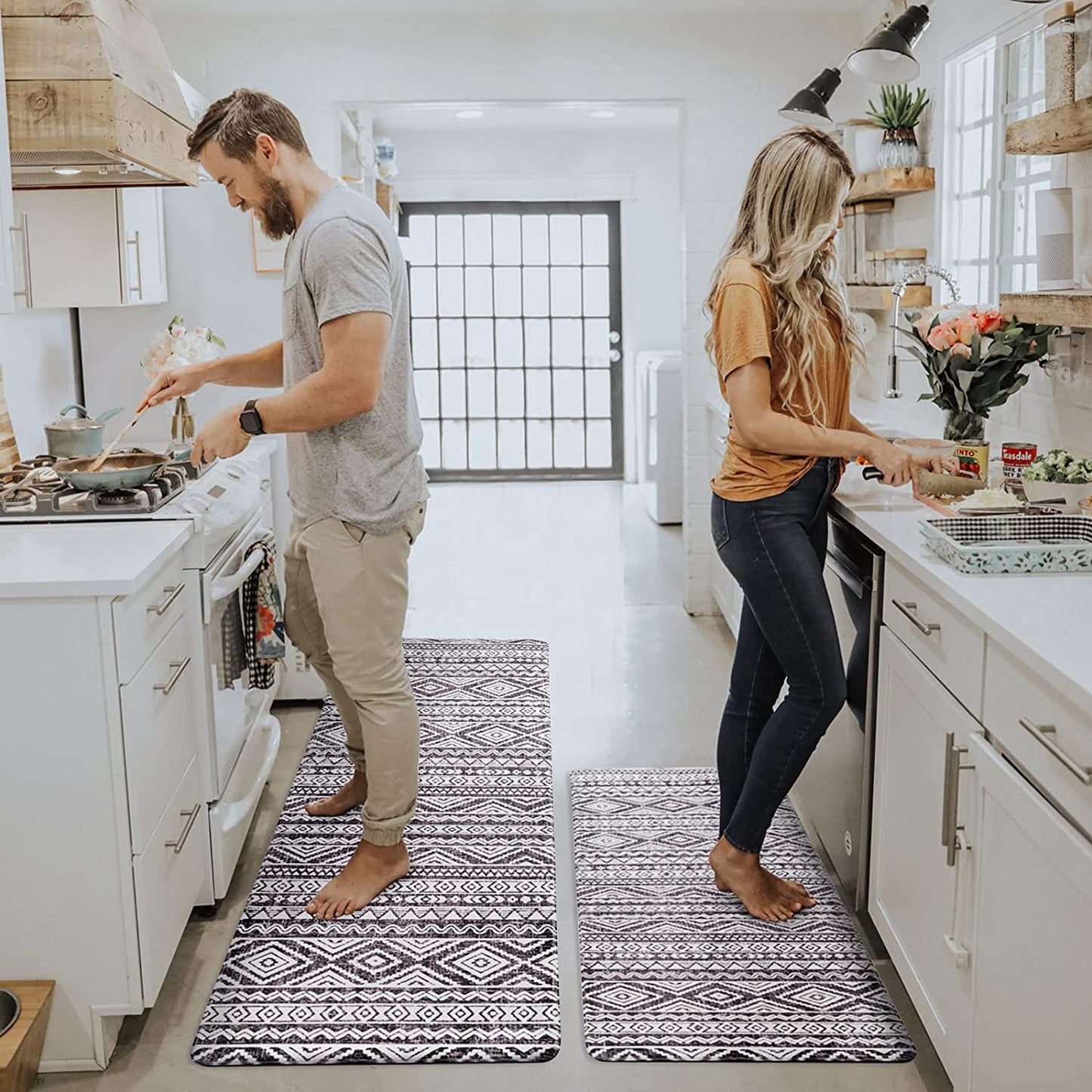 2 Piece Set, Anti Fatigue Waterproof & Non-Skid Boho Kitchen Rugs - 17x30+17x47