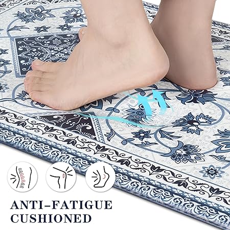 Cushioned Anti-Fatigue Memory Foam Non Skid Waterproof, Blue Retro Floor Comfort Mat, 18'' x 48'' + 18'' x 30''