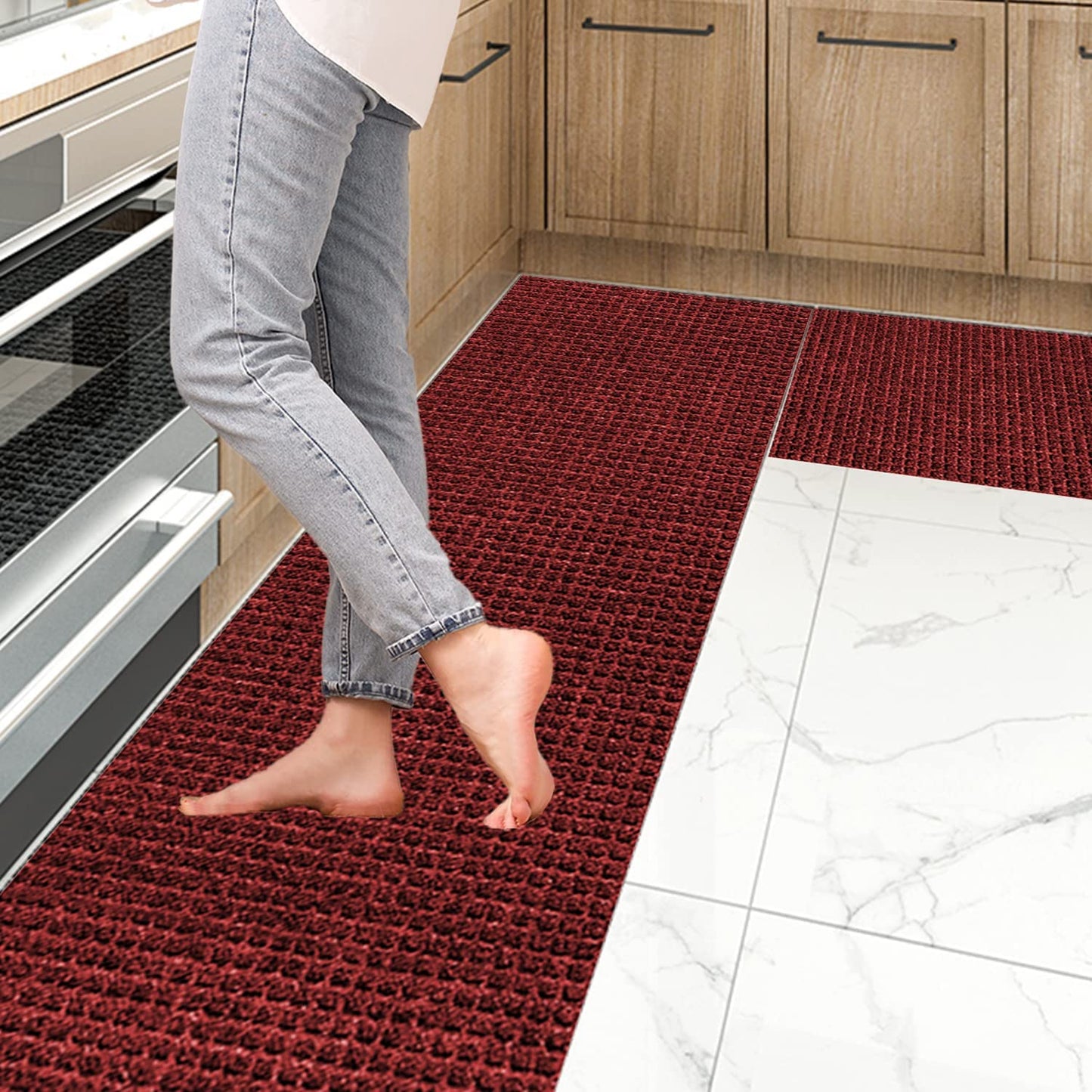 Set of 2 Non Slip Washable, 2 PCS Kitchen Rugs and Mats - 24"x16"+48"x16",Red