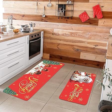 Set of 2 Farm Fresh Christmas Trees Washable Kitchen Carpet, 17x28 and 17x47 Inch