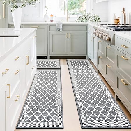 Absorbent Non Skid Washable Set of 3 PCS, Farmhouse Weave Floor Mats in Front of Sink, 17.3"x 59"+17.3"x 47"+17.3"x 29" (Black)