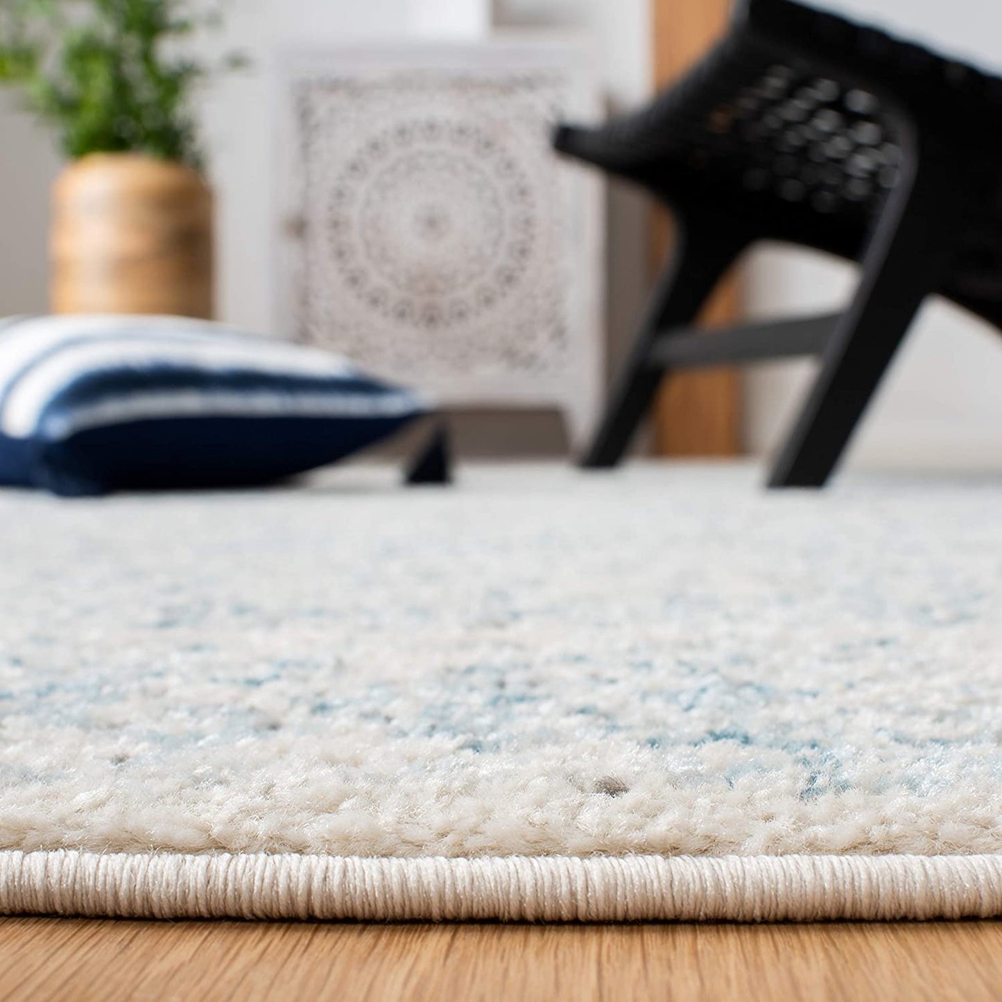 Moroccan Boho Distressed Area Rug, Ivory / Turquoise