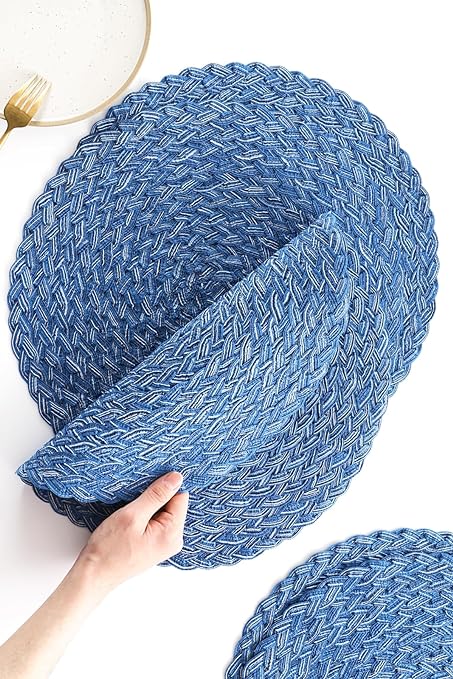 15 Inch Round Braided Placemats Set of 4, Washable Heat Resistant Cotton Polyester Circle Place Mats for Kitchen Dining Table - Canvas Beige