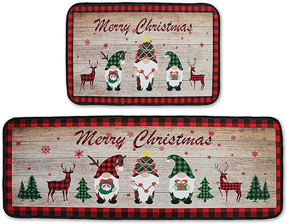 2 PCS Winter Low-Profile Christmas Kitchen Rugs and Mats - Approximately16x24 and 16x43Inch