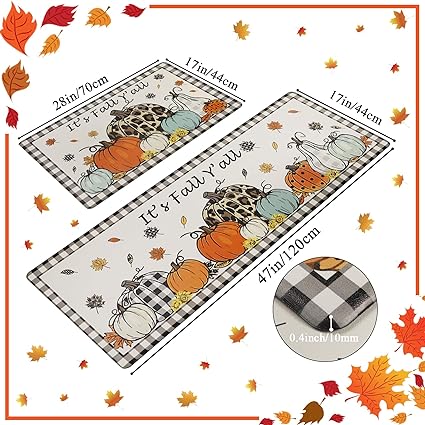 Farmhouse Kitchen Rugs and Mats 2 Piece Non Skid Fall Car Kitchen Floor Mats PVC Cushioned Comfort Standing Mats for Autumn Thanksgiving Decoraion, 17.3"×28"+ 17.3"×47"