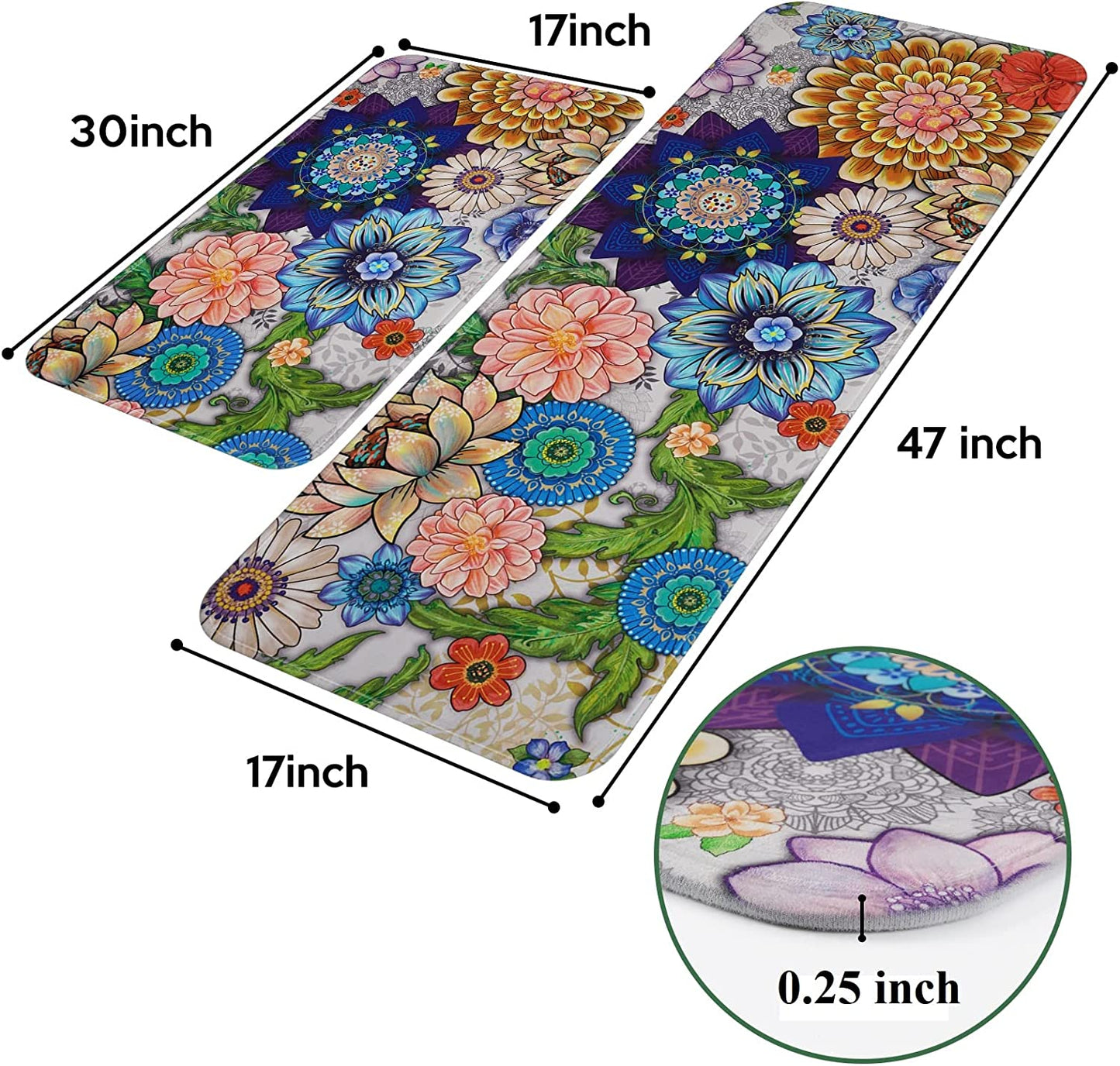 2 PCS Cushioned Floral, Flowers Anti Fatigue Kitchen Rugs - 18'' x 48'' + 18'' x 30''