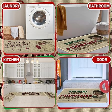 Sets of 3Black Santa Claus African American Merry Christmas Winter Farmhouse Party Floor Mat