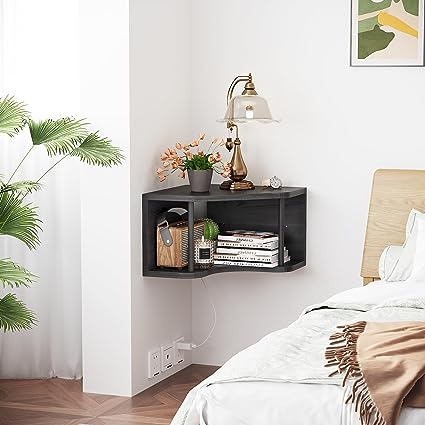 Pine Wood Shelves 90° Corner Floating Cabinet Shelf for Wall, 18’’ Bedside Corner Wall with Cord Hole