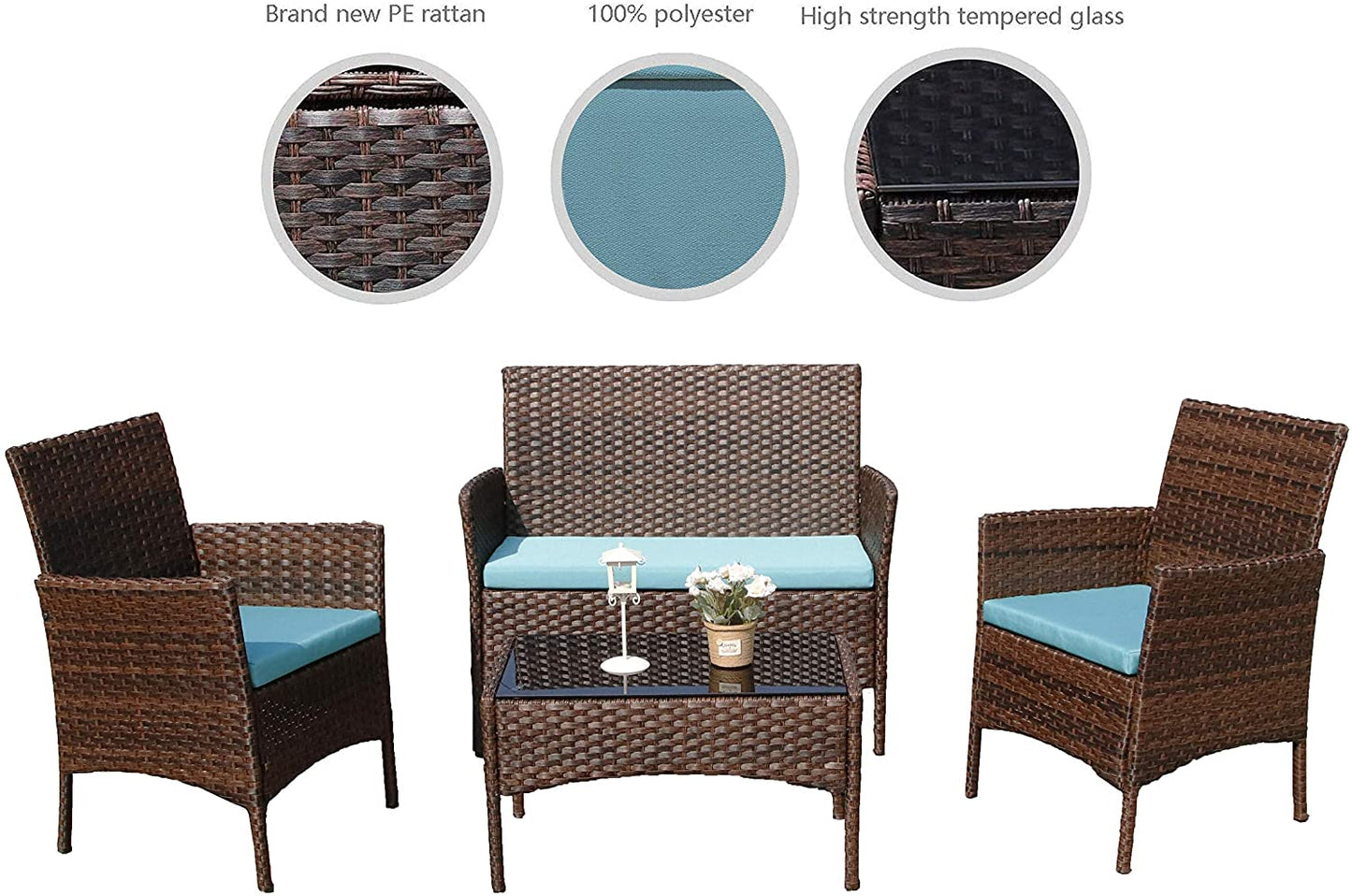 Rattan Patio Indoor/Outdoor Brown/Blue Conversation Set - Chairs / Coffee Table