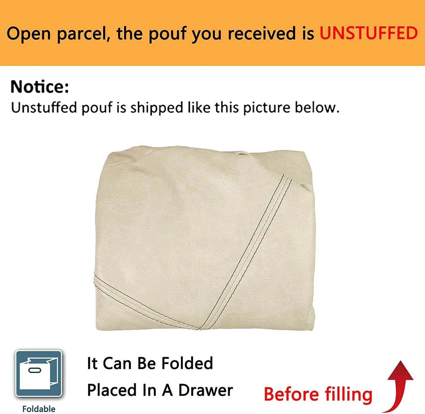 Unstuffed Nordic Faux Leather Pouf, Premium Handmade Ottoman