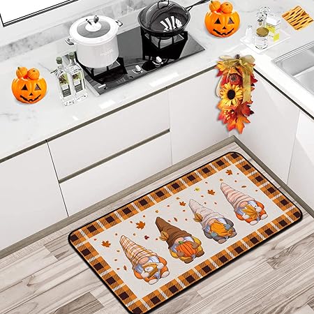 Fall Gnomes Non Slip Buffalo Plaid Cushioned Kitchen Floor Mat, 20 x 39 Inch