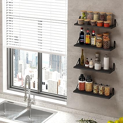 4.7in Rustic Wood Wall Floating Shelves Set of 8 (Dark Carbonized Black)