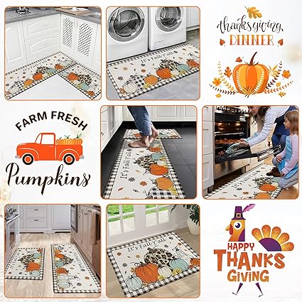 Farmhouse Kitchen Rugs and Mats 2 Piece Non Skid Fall Car Kitchen Floor Mats PVC Cushioned Comfort Standing Mats for Autumn Thanksgiving Decoraion, 17.3"×28"+ 17.3"×47"