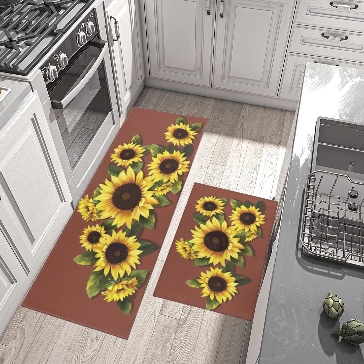 Vintage Mushroom Set of 2, Non Skid Washable Kitchen Mat - (17"x48"+17"x30")
