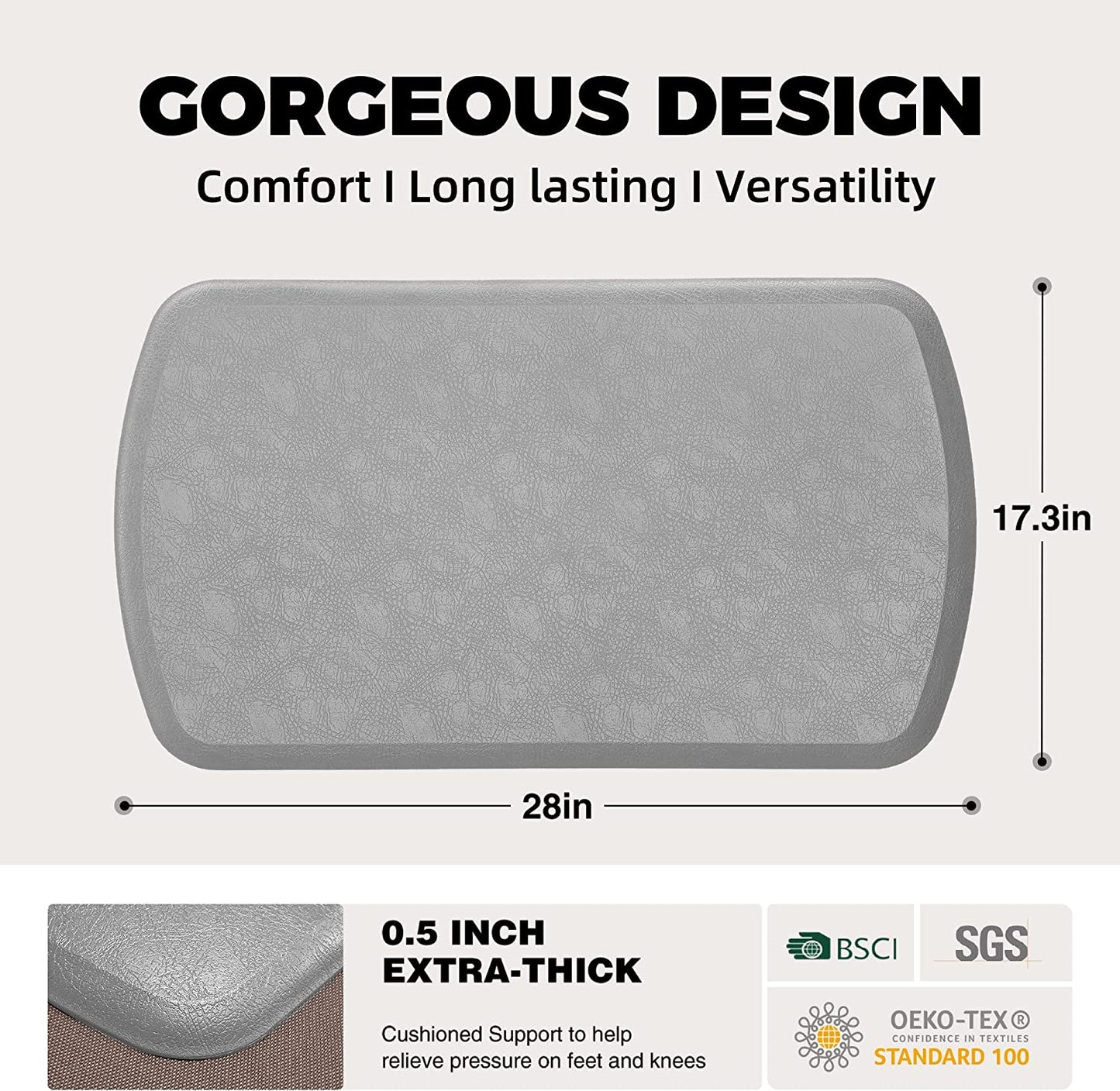1/2 Inch Thick Cushioned Anti Fatigue Waterproof Kitchen Rug,17.3"x28"- Black