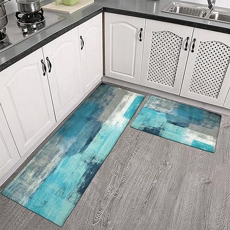 Sets of 2,Abstract Waterproof Art Kitchen Decoration Non-Slip Absorbent Mats, 17x30+17x48inch