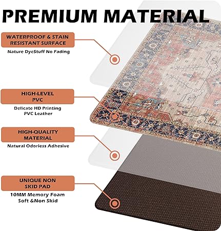 Boho Floral Bohemian Anti Fatigue Vintage Cushioned Standing Kitchen Mats, 17.3 x 28+17.3 x 47 Inches