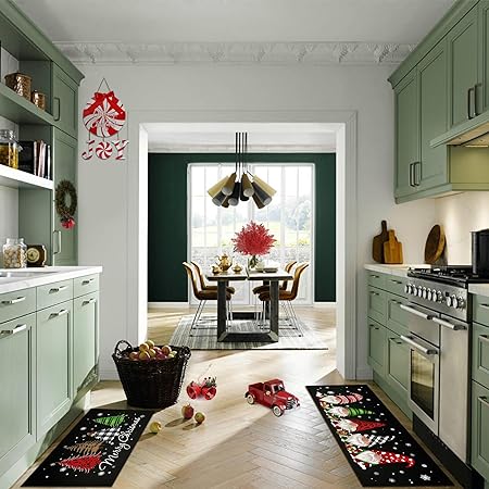 Set of 2 - Buffalo Plaid Tree Gnomes Black Kitchen mat, 17x29 and 17x47 Inch