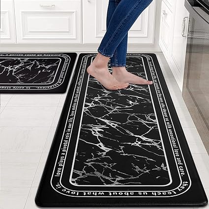 Anti-Fatigue Black and White Modern Non Slip Washable, Cushioned Kitchen Mats, 18 x 30 Inch