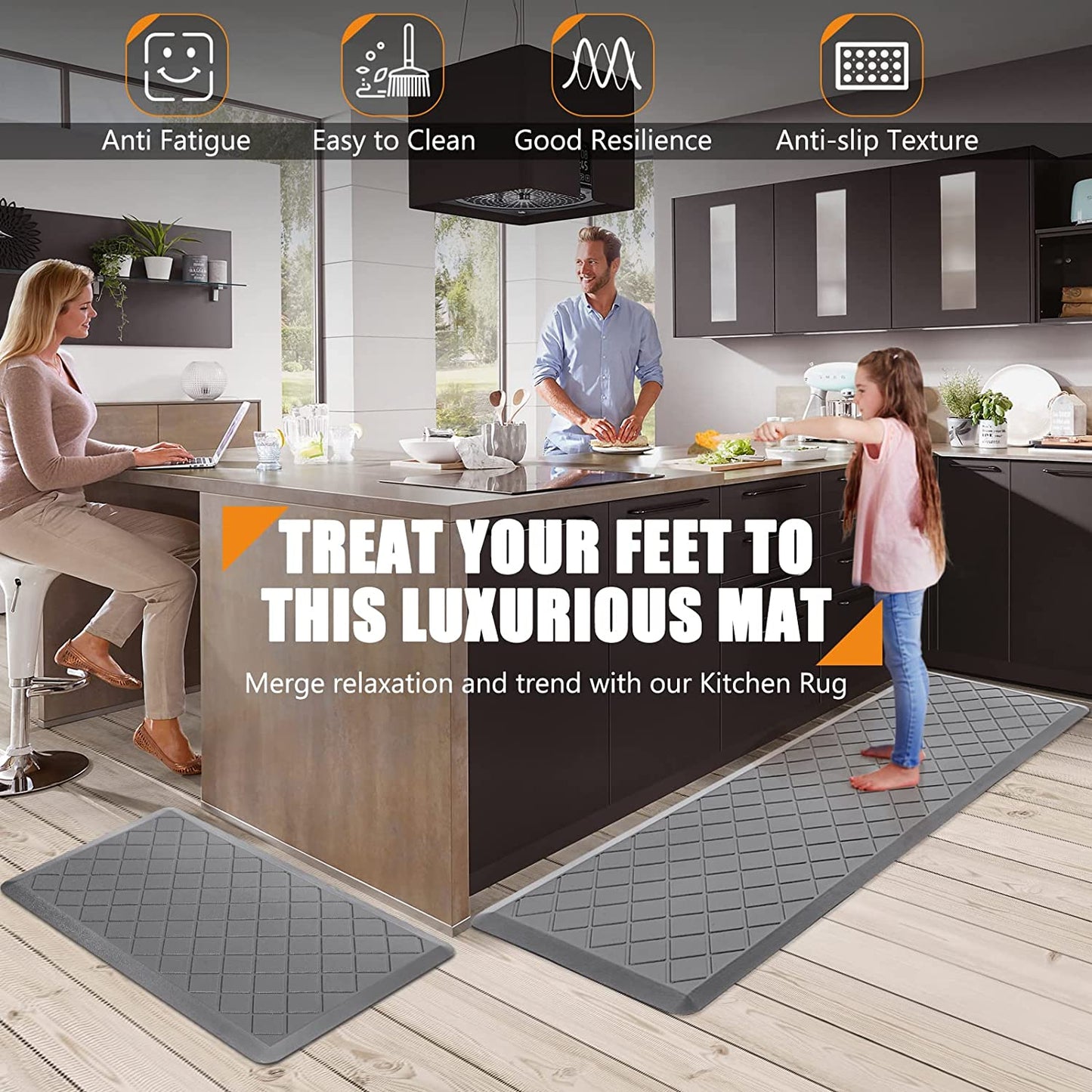 Anti Fatigue Cushioned, Heavy Duty, Non-Skid, Ergonomic Comfort Foam Kitchen Mat 2 PCS,