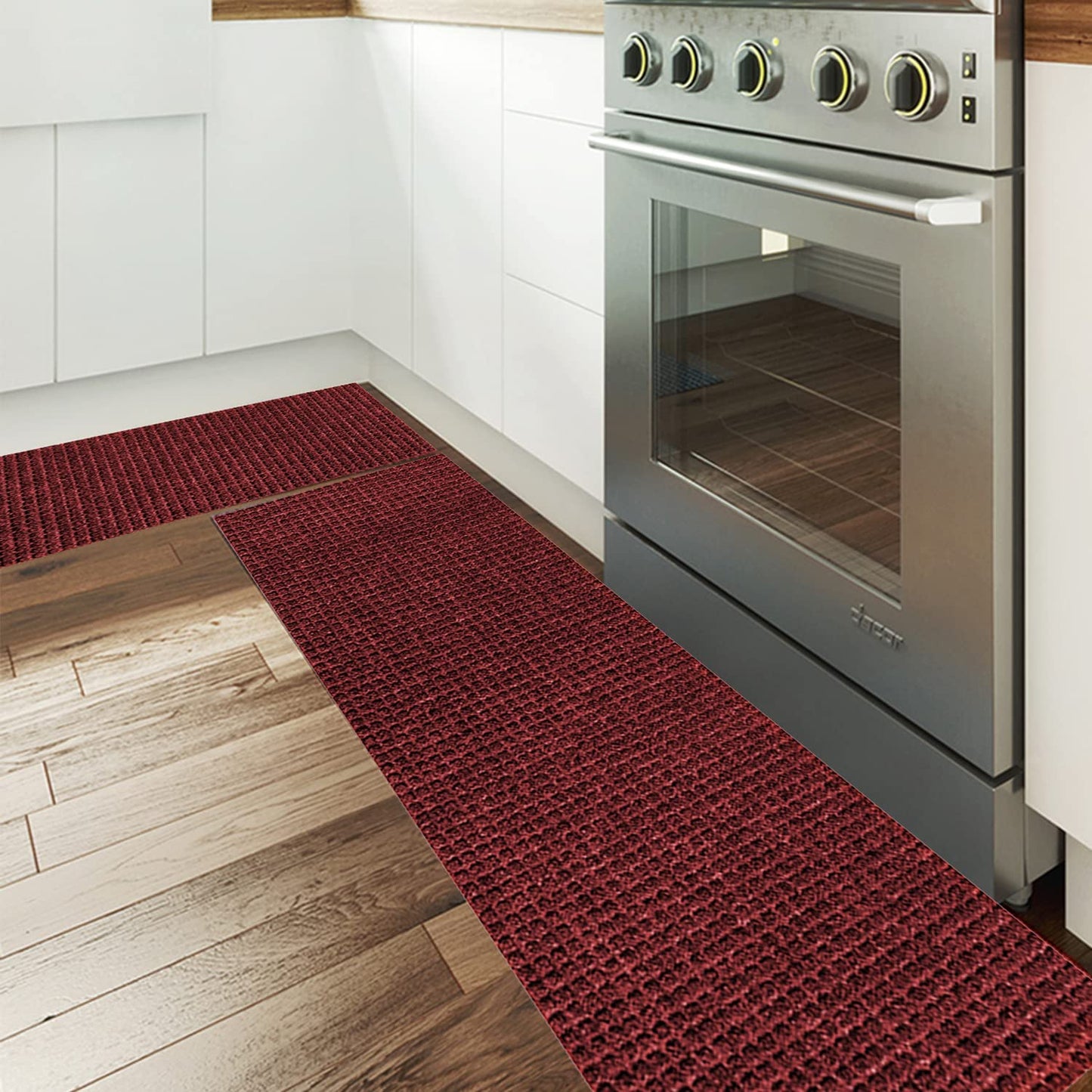 Set of 2 Non Slip Washable, 2 PCS Kitchen Rugs and Mats - 24"x16"+48"x16",Red